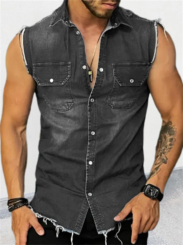 Men's Shirt Button Up Shirt Summer Shirt Casual Shirt Black Blue Sleeveless Plain Turndown Daily Vacation Denim Clothing Apparel Fashion Casual Comfortable