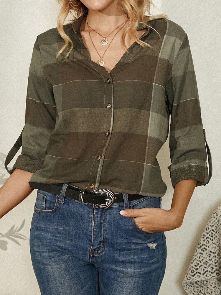 Plaid Button Stand Collar Long Sleeve Casual Blouse For Women P1797729