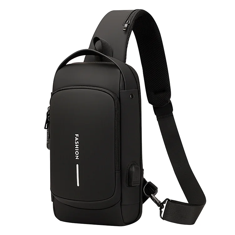 Men Chest Bag Anti Theft USB Charging Port Sports Leather Crossbody Bag (Black)