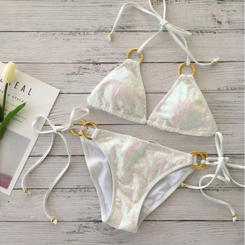 2021 New Sexy Bikinis Sequins Golden Color Women Bandage Bikini Set Push-up Padded Bra Swimsuit Suit Swimwear 2570