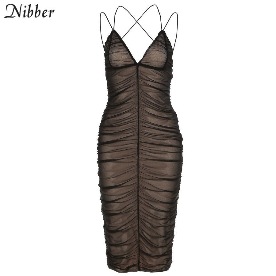 Nibber 2021 Sexy Mesh Pleated Long Prom Dresses For Women's Clothing Solid Color Beach Party Wear Midi Wrap Dress Street Outfit