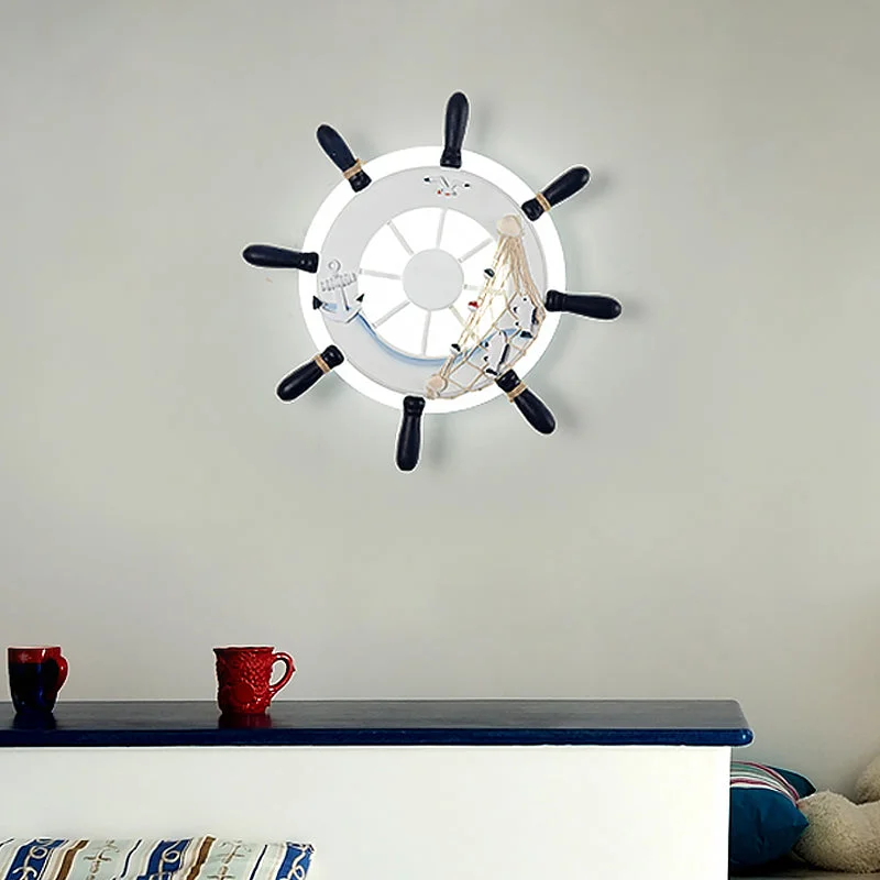 Rudder Resin Wall Lighting Ideas Coastal LED White/Blue Wall Mount Lamp with Round Acrylic Shade in Warm/White Light