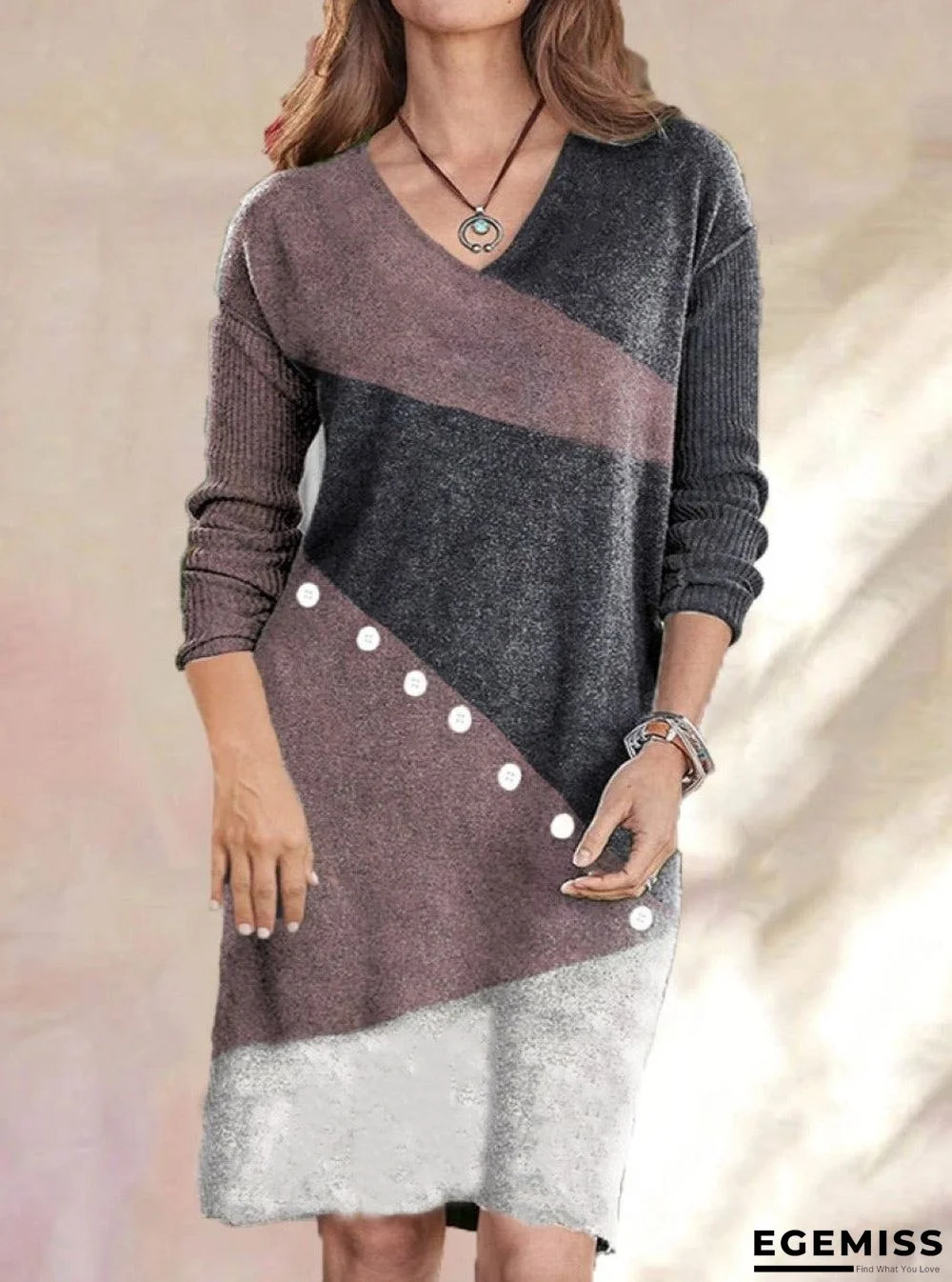 Casual Print V Neck Long Sleeves Shift Dress | EGEMISS