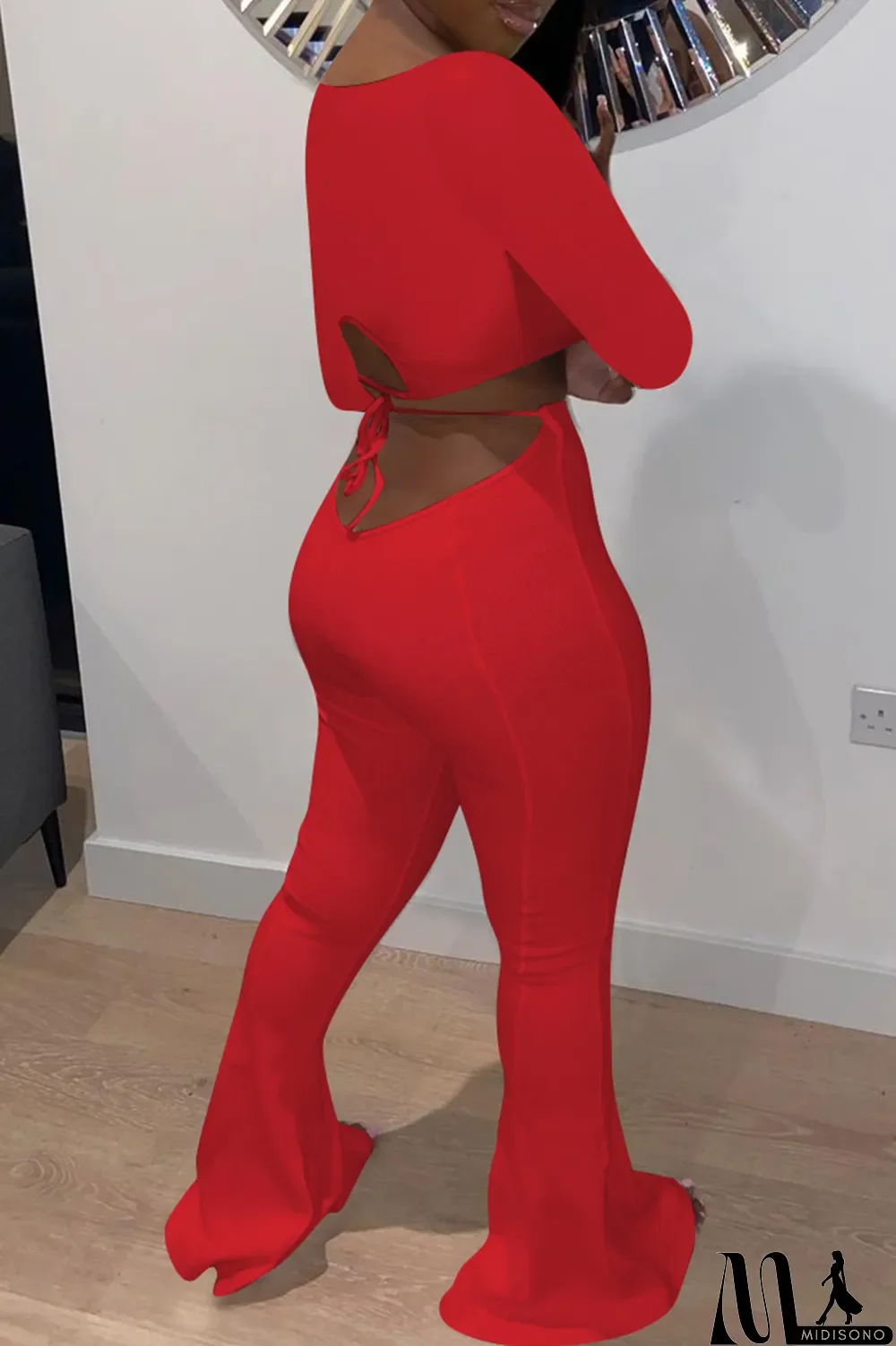 MidiSono - Red Fashion Casual Solid Basic O Neck Long Sleeve Two Pieces