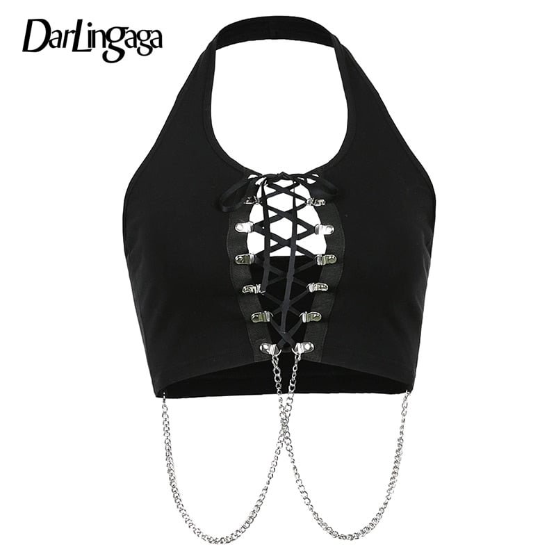 Darlingaga Streetwear Goth Punk Style Dark Halter Top Women Lace Up Sexy Tank Top Backless Chain Vest Gothic Clothes Crop Tops