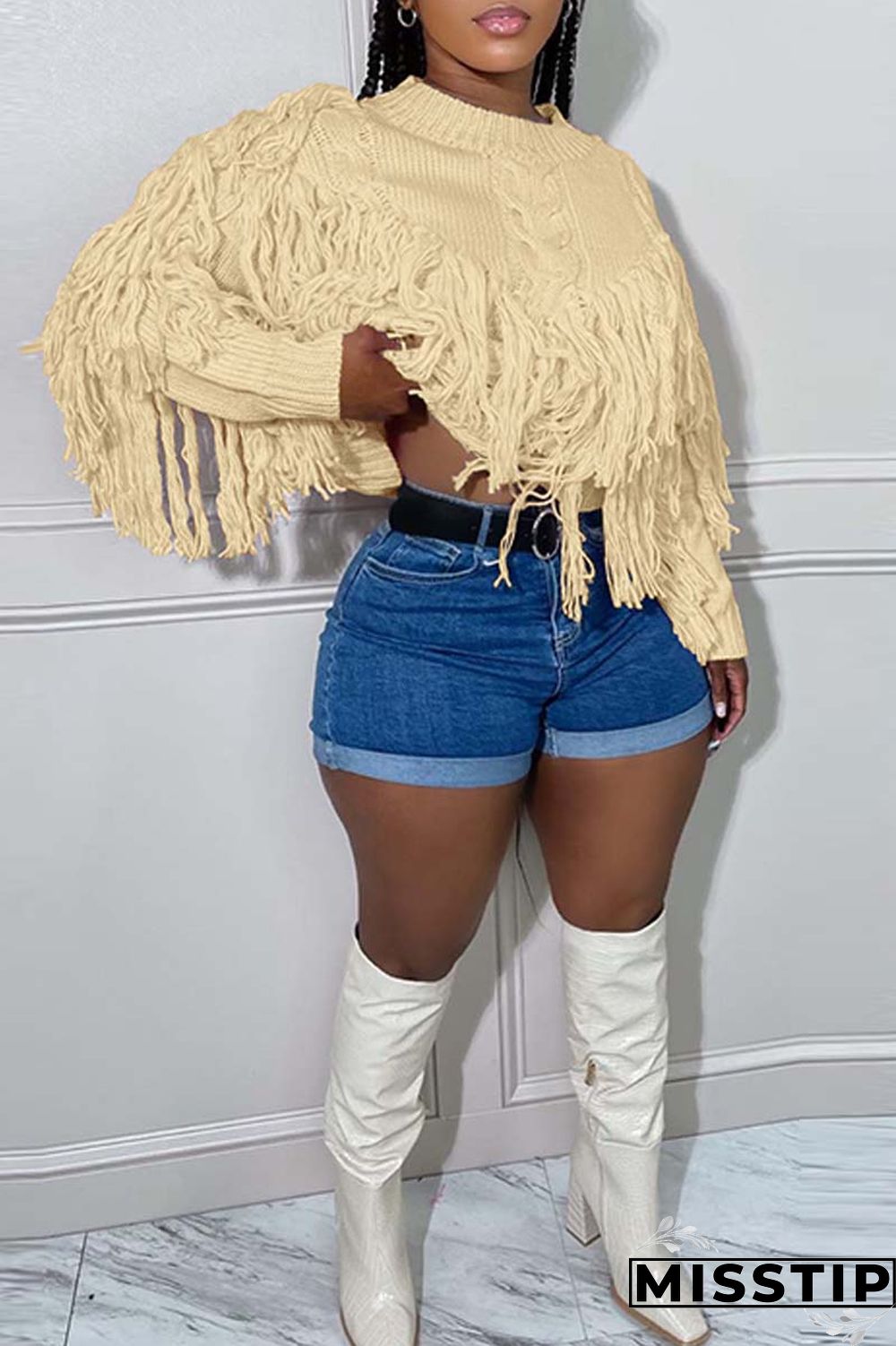 Black Casual Solid Tassel O Neck Tops