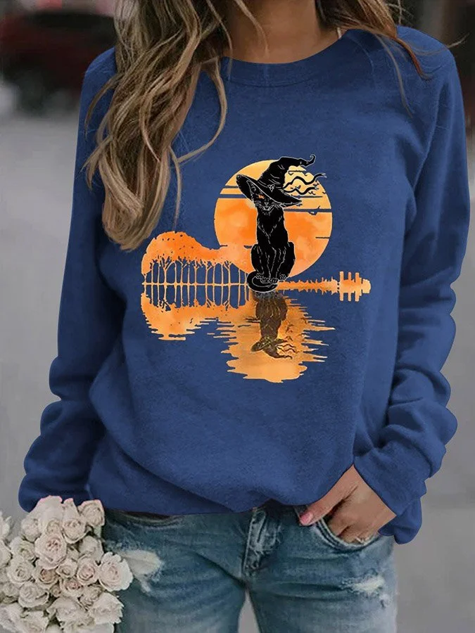 Women's Funny  Black Cat Halloween Graphic Printed Sweatshirt