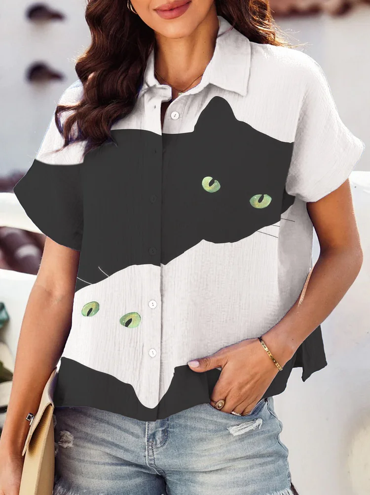 Women's Cats Abstract Art Print Cotton And Linen Shirt