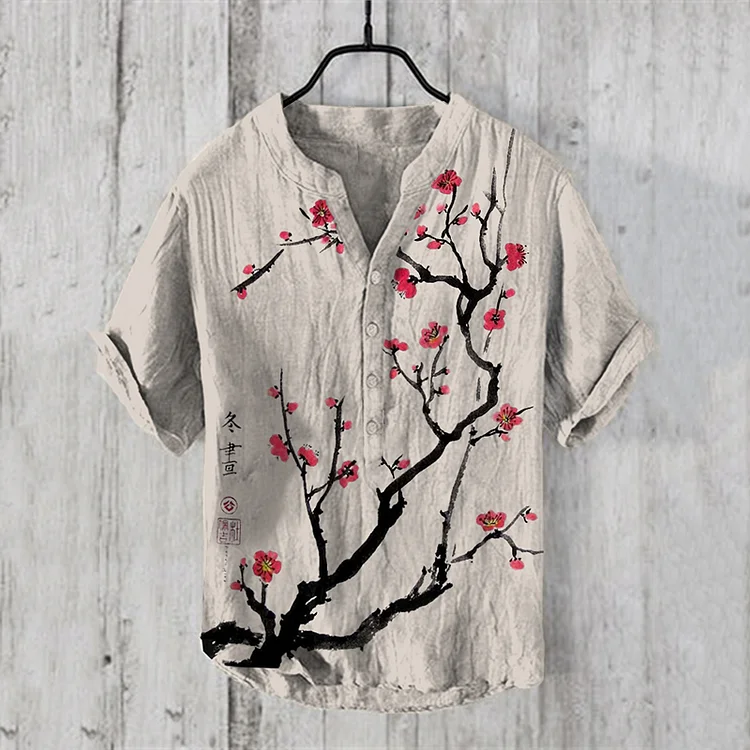 Men's Vintage Ink And Wash Floral Art Linen Blend Shirt