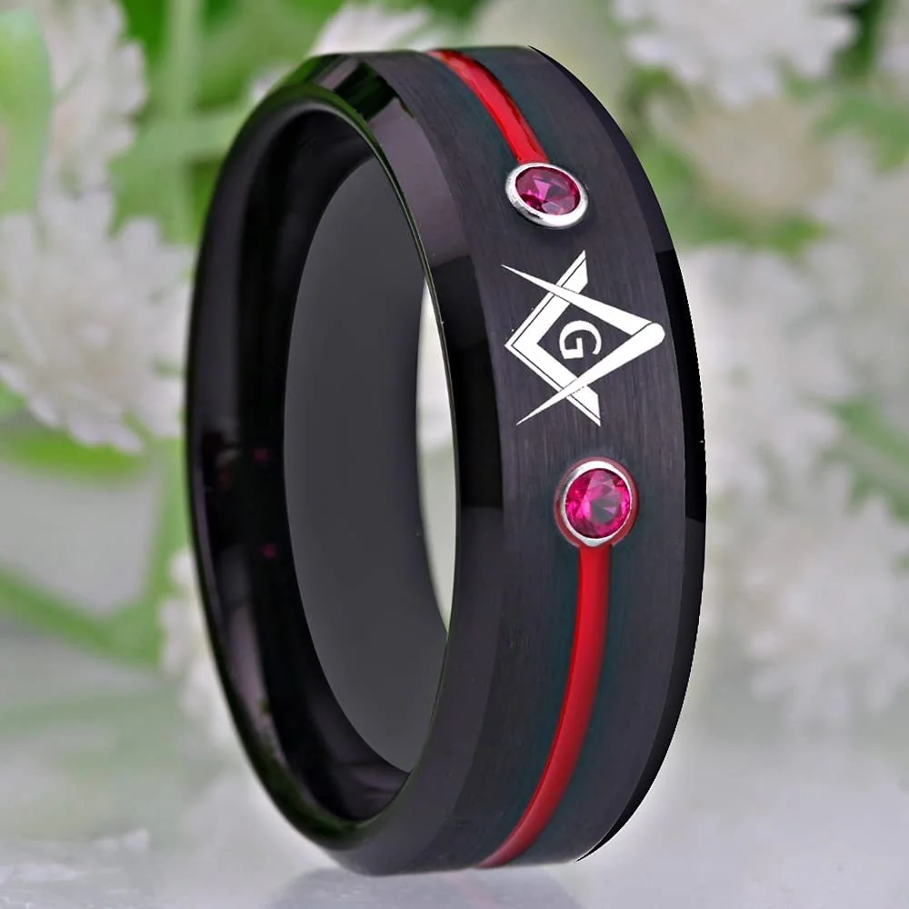 6MM 8MM 10MM Masonic Compass Tungsten Carbide With Gold Red Groove And Blue Cubic Zirconia Inlay Men's Wedding Bands