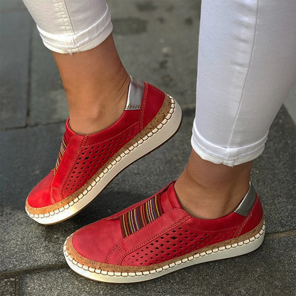 Qengg Women Slip on Sneakers Shallow Loafers Vulcanized Shoes Breathable Hollow Out Female Casual Shoes Ladies Leather Flats