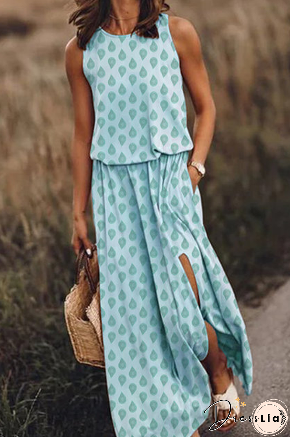 Casual Print Slit O Neck Sleeveless Two Pieces(3 Colors)