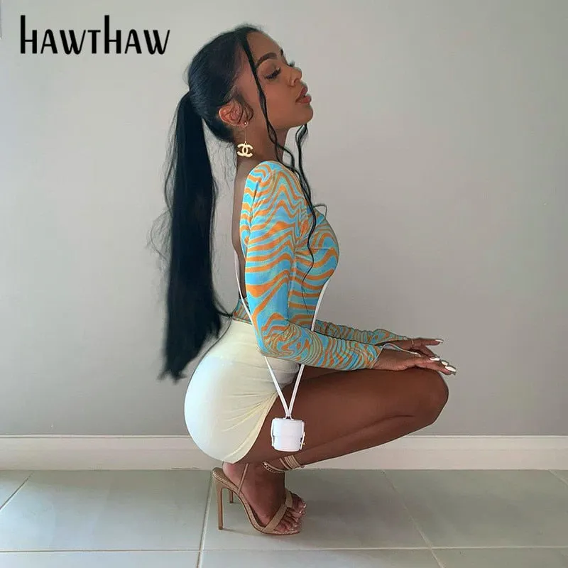 Hawthaw Women Long Sleeve Striped Autumn Winter O Neck Skinny Streetwear Backelss Bodysuit Romper Playsuit 2021 Fall Clothes