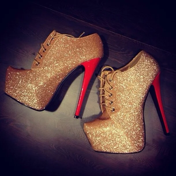 Gold Glitter Platform Lace Up Stiletto Heel Fashion Boots |FSJ Shoes