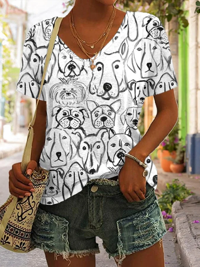 Women's Dogs Print V Neck T-shirt