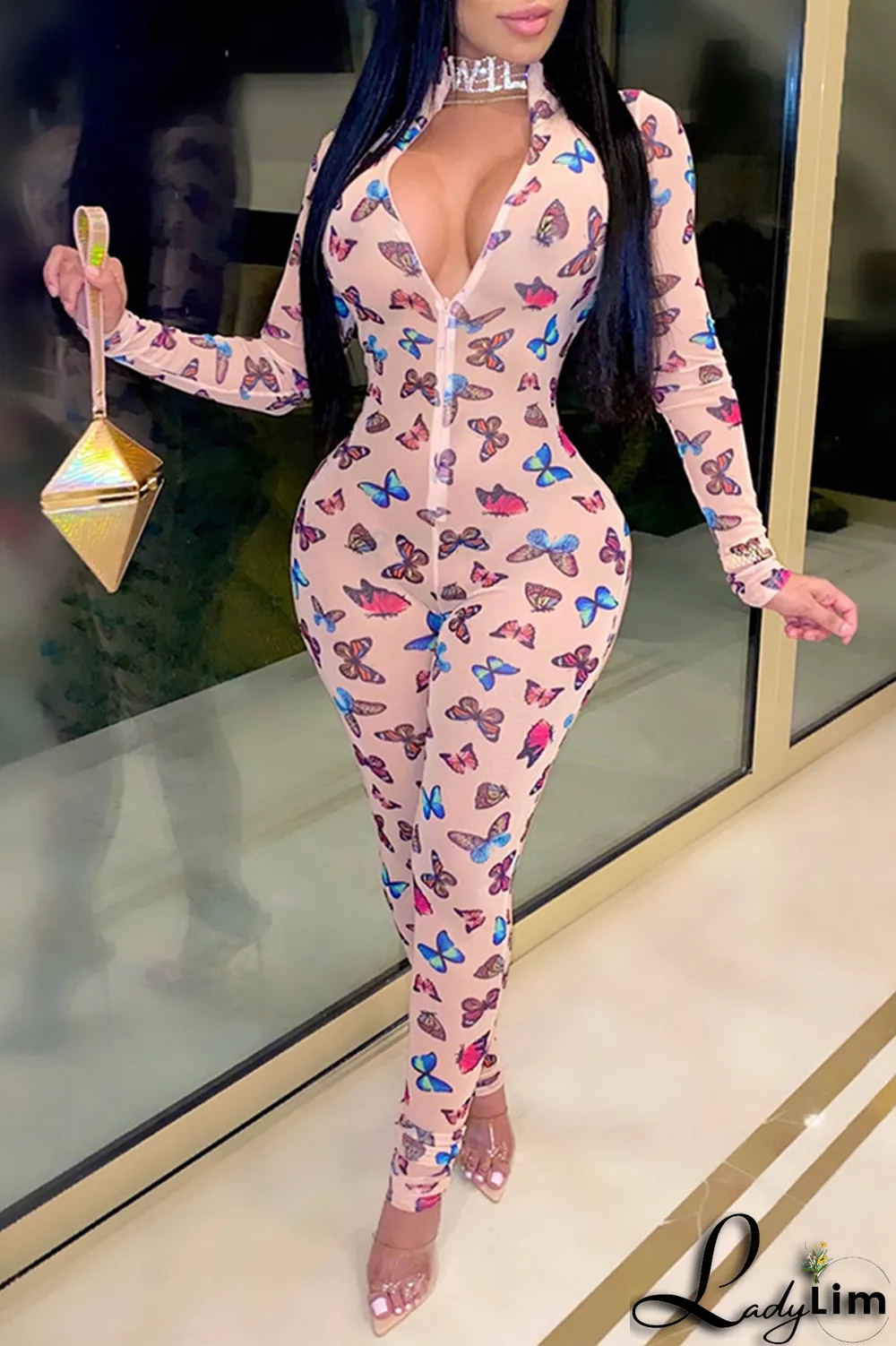 Rose Red Sexy Butterfly Print Patchwork Zipper Collar Skinny Jumpsuits