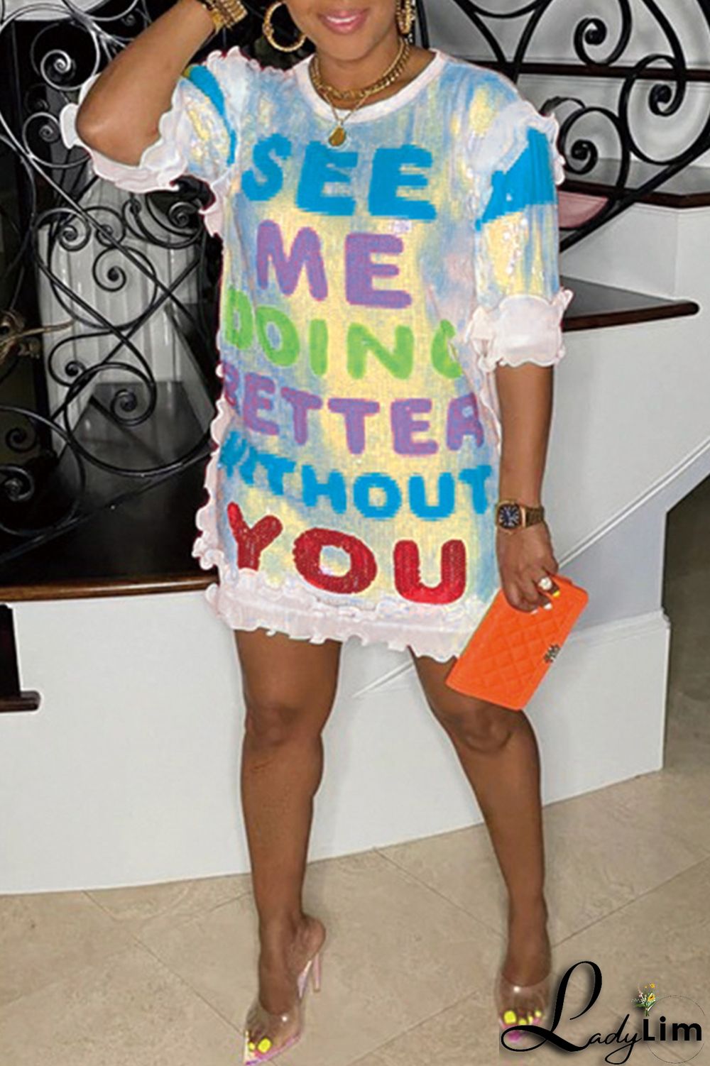 Black Fashion Casual Letter Print Sequins Patchwork O Neck Dresses