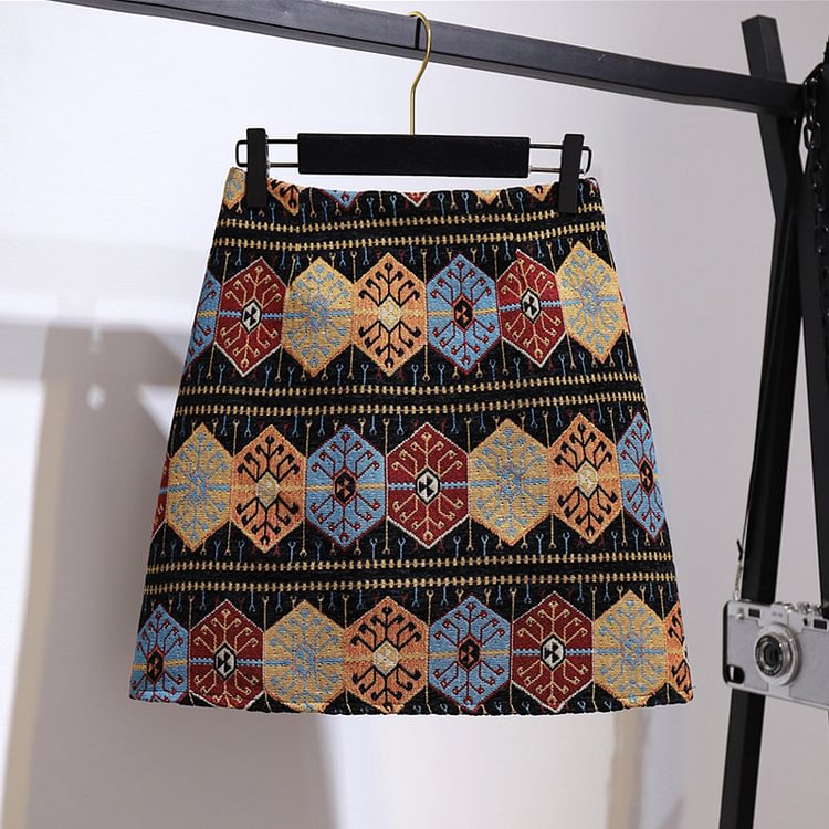 Rhombus Print Colorblock A-line Skirt - Modakawa