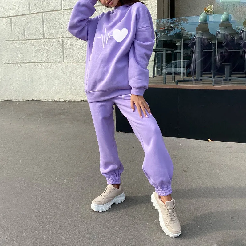 Oversize Heart Printed Fleece Women's Tracksuit Hoodies 2 Piece Set Sweatshirt + Pants Women Sport Suit Winter Sportswear