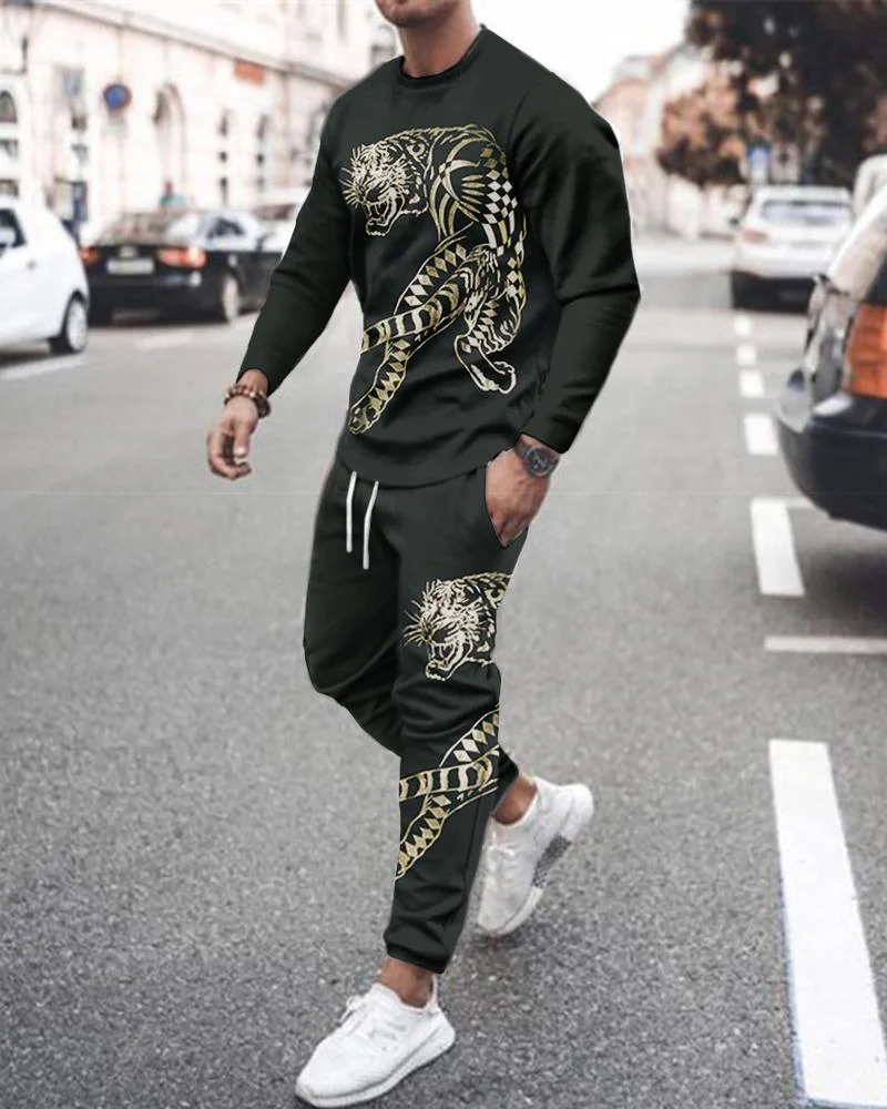 Men's Casual Gold-black Tiger Printing Long-sleeved Suit