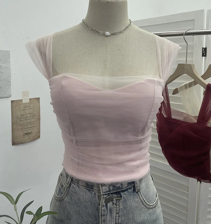 Breakj Real-Spat Thai-Style Small Design Mesh Yarn Draw-Folded Breast Sling Sling With Bra Cushion Short Sleeveless Top 8022