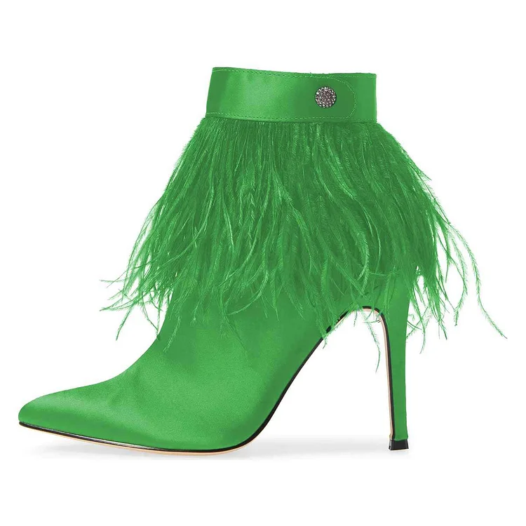 Satin Green Feather Ankle Booties with Stiletto Heels. Vdcoo
