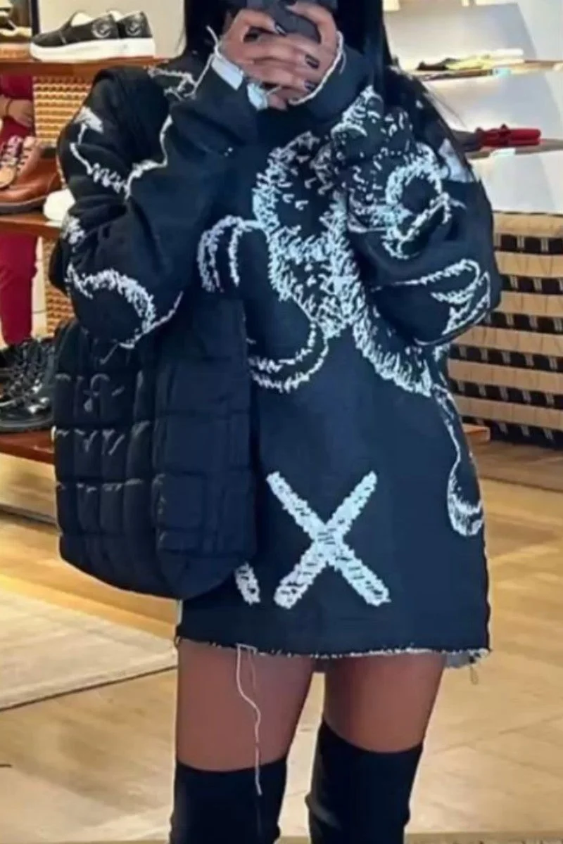 Casual Print Basic O Neck Long Sleeve Dresses