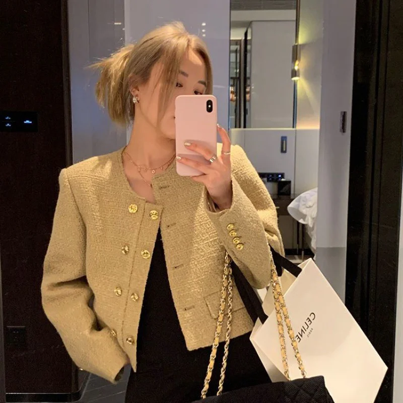 Toloer Toloer Sweet Short Coat Female Autumn New Korean Version Delicate Double Breasted Light Ripe Tweed Short Temperament All-Match Jacket-Outfit Ideas
