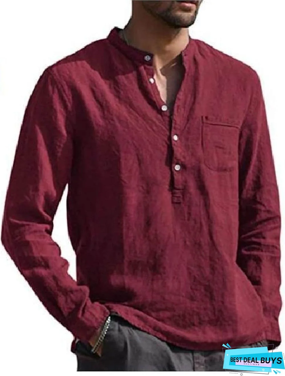 Men's Shirt Solid Color Pocket Long Sleeve Street Tops Cotton Casual Breathable Daily Henley V Neck Light Blue Wine Red Gray / Beach Linen