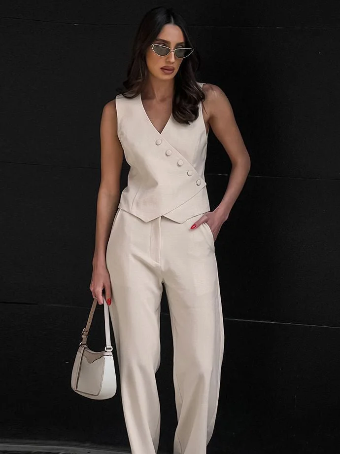 Women's Solid Color Deconstructed Design Sense Vest Trousers Set