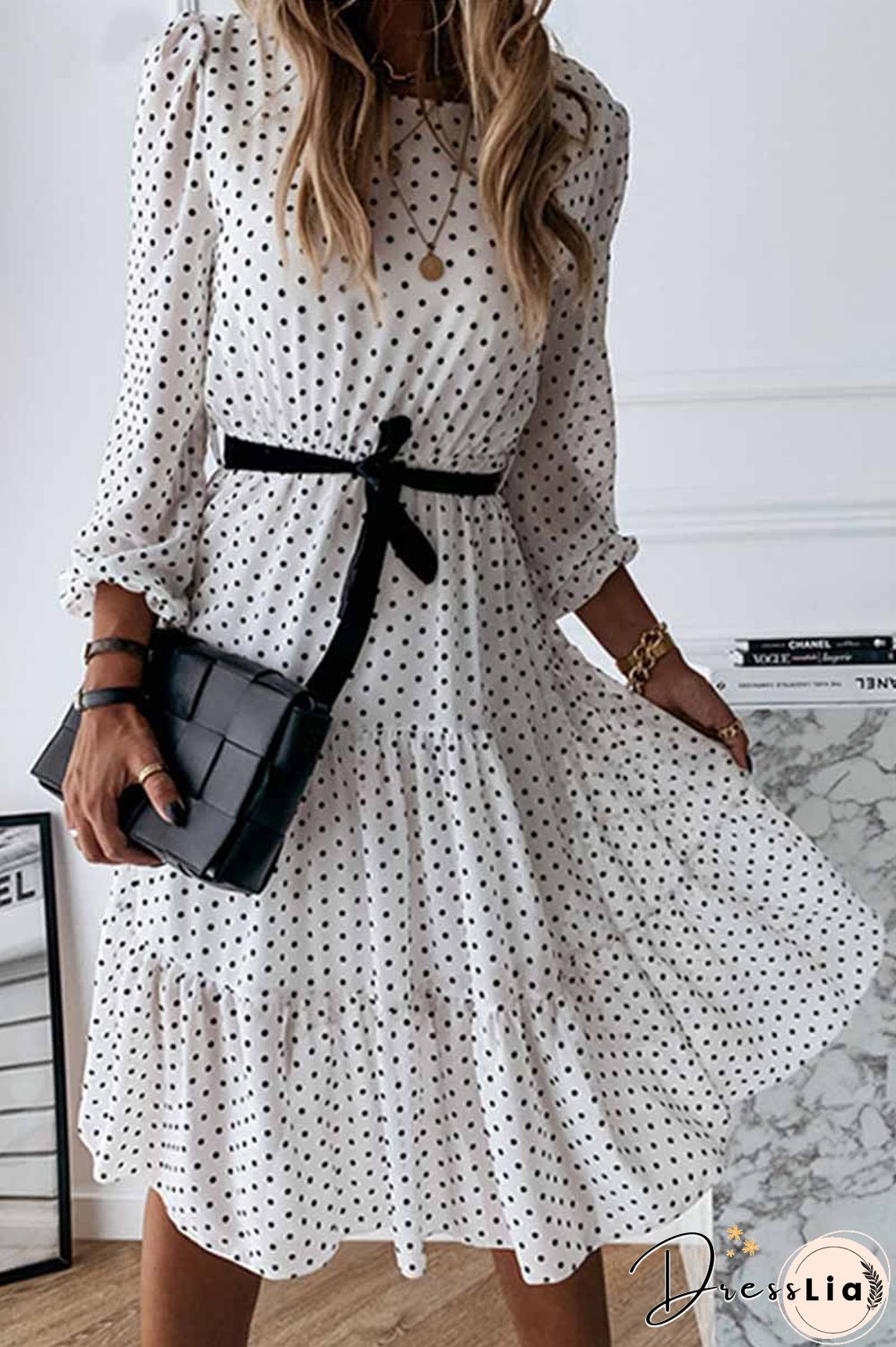 Elegant White Black Dot Print Round Neck Tie Midi Dress