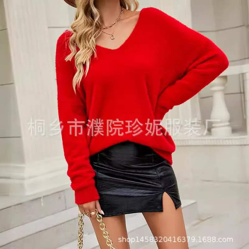 Athvotar Athvotar Autumn New Imitation Marinose Sweater Female Solid Color Long-Sleeved V-Neck Loose Large-Size Woman