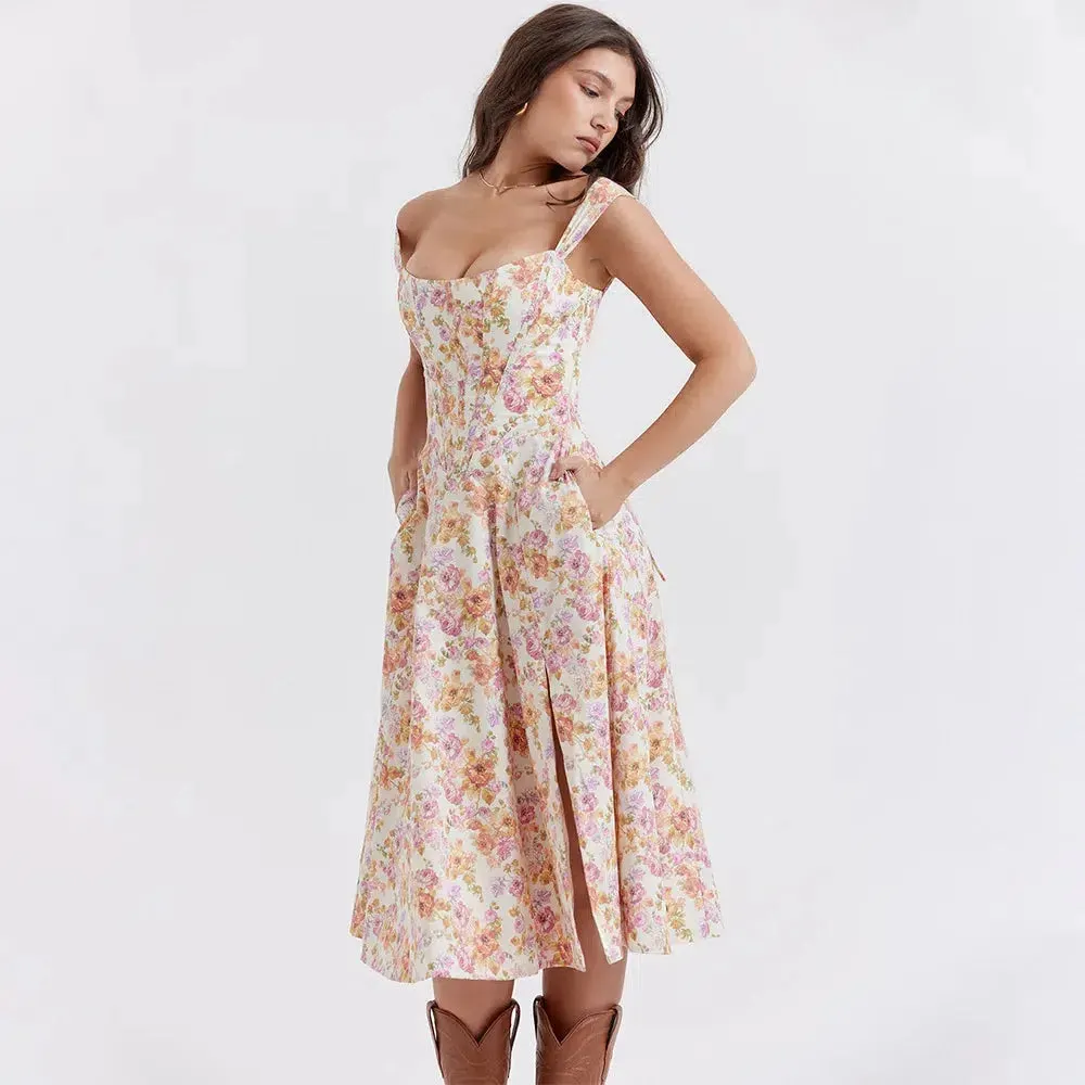 Brownm Floral Corset Midi Dress