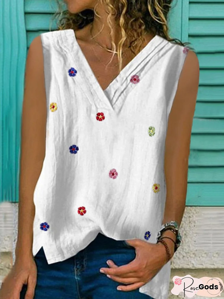 Printed V Neck Cotton-Blend Casual Tank Top