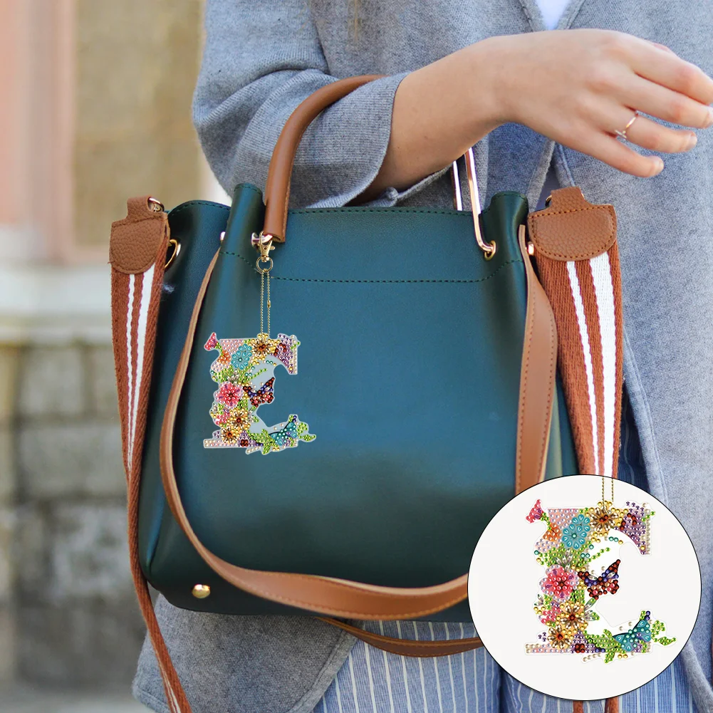 DIY E Diamond Art Key Rings Lettter Keychain Supplies Gift for Kids(Double Sided)