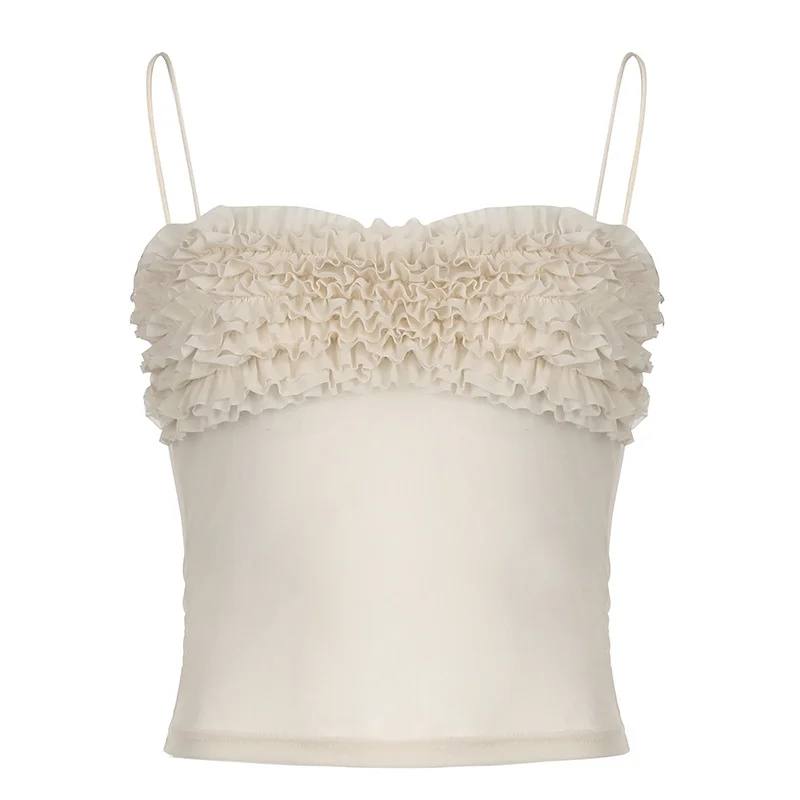 Toloer Toloer Desire Wind Sexy Pleated Lace Perspective Feeling Small Sling V Collar Slim Solid Color Bottom Vest Female-Outfit Ideas