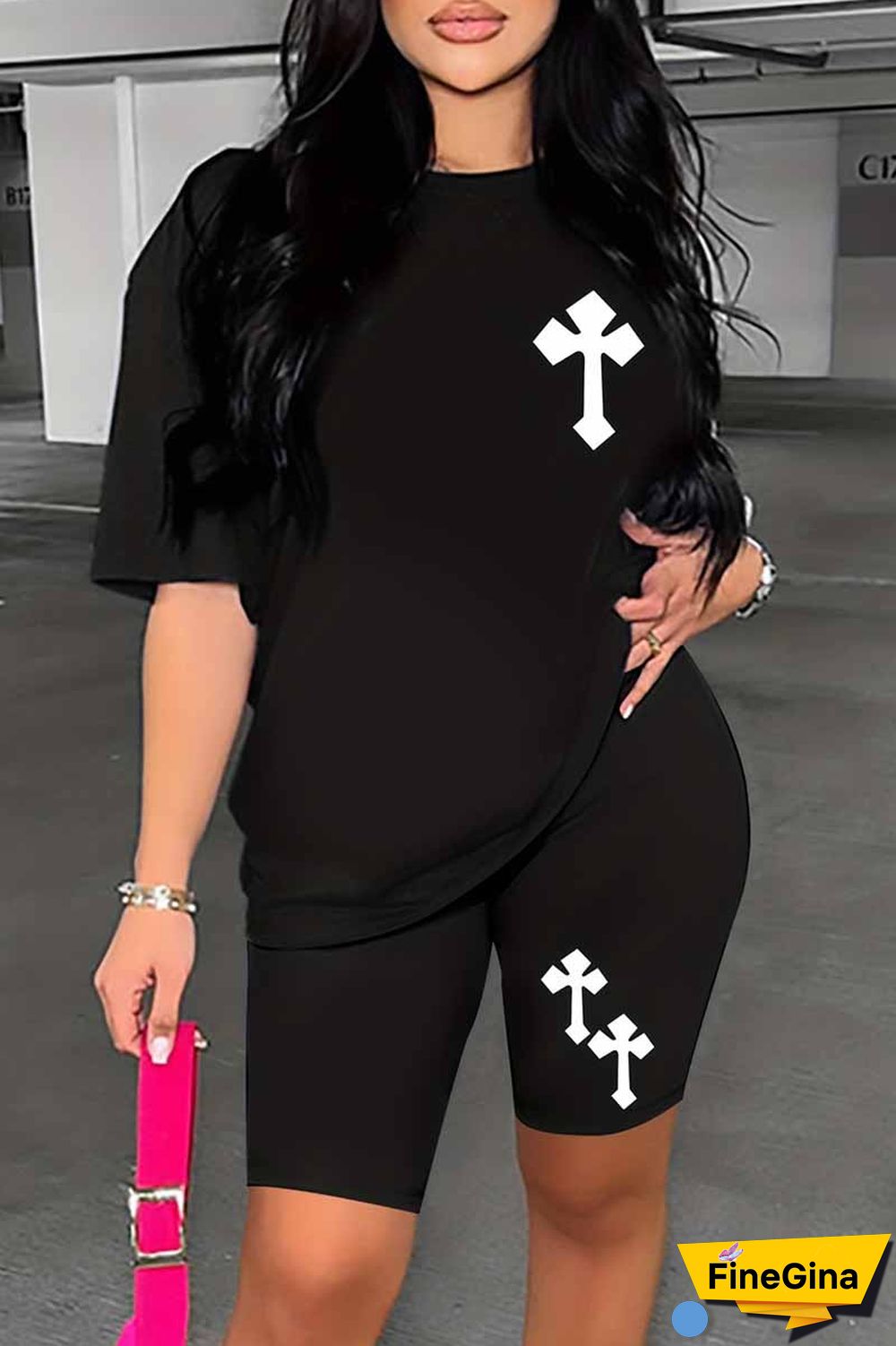 Blue Casual Print Patchwork O Neck Short Sleeve Two Pieces