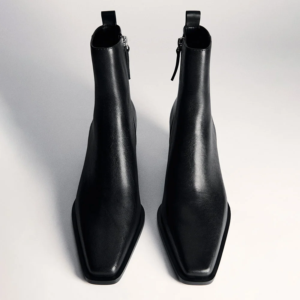 Black Square Toe Chunky Heel Side Zipper Short Boots for Women