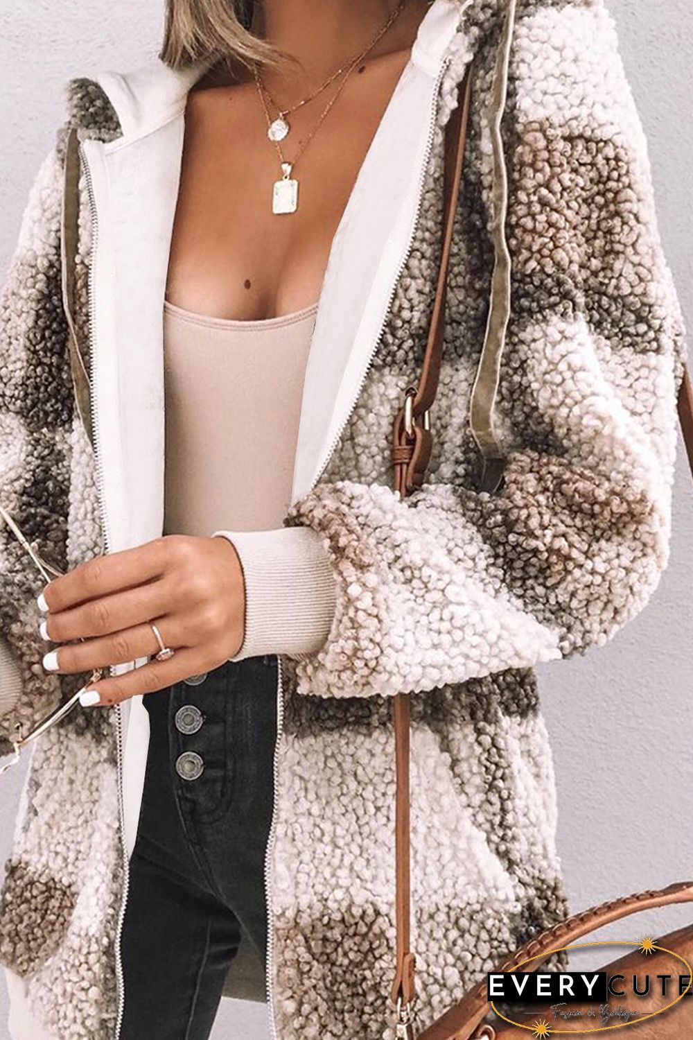 Khaki Plaid Print Zipper Fleece Hooded Coat