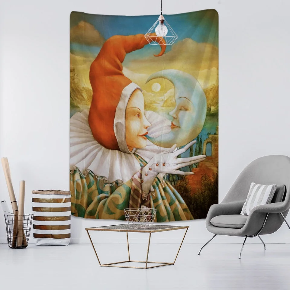 Landscape Woman Tapestry Wall Hanging Psychedelic Witchcraft Natural Mountains And Rivers Ink Painting Home Decor