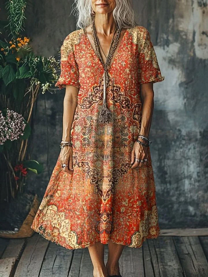 Women's Vintage Lovely Floral Art Print Pocket Cotton Dress