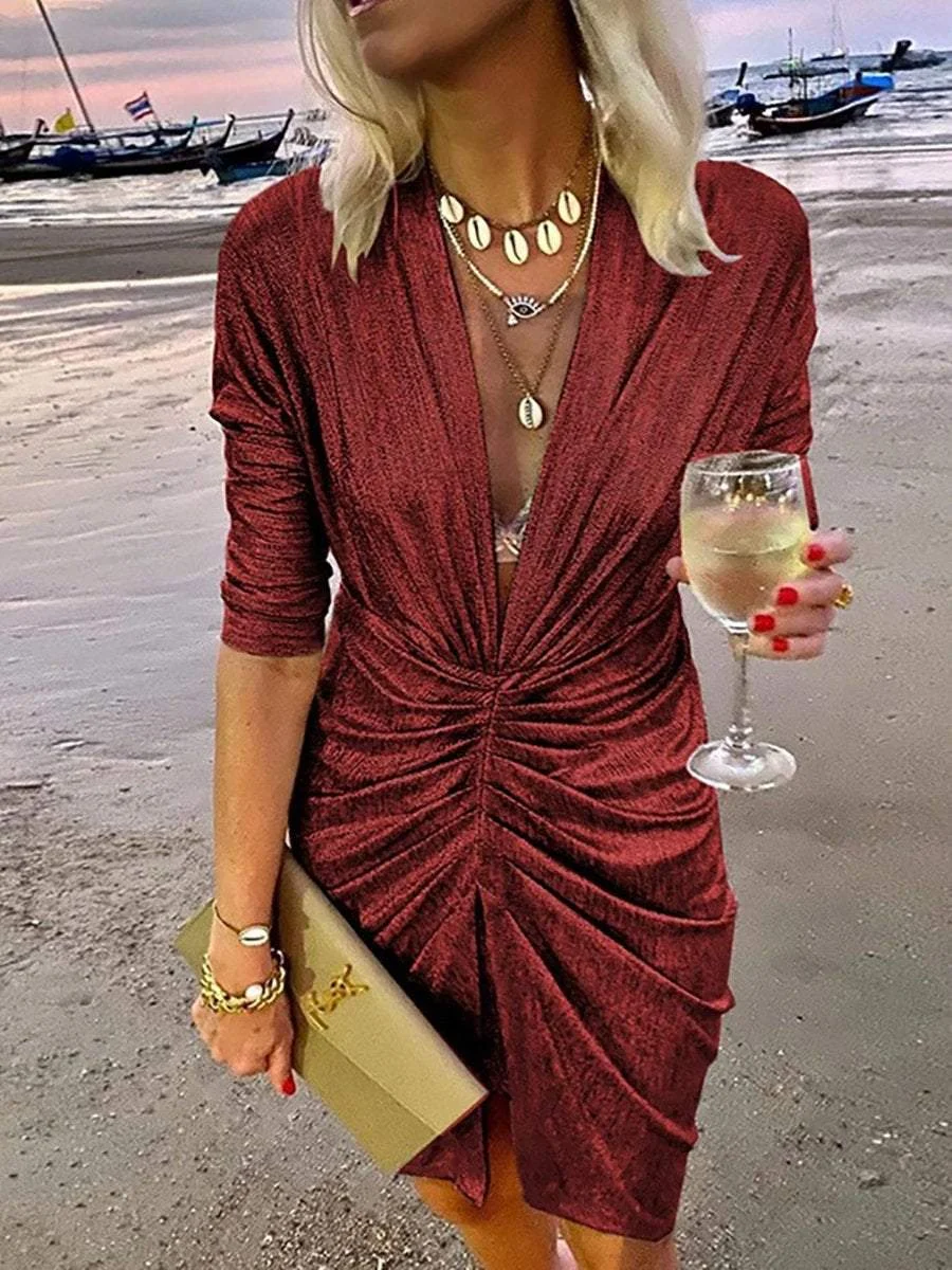 Glitter Long Sleeve V-Neck Dress