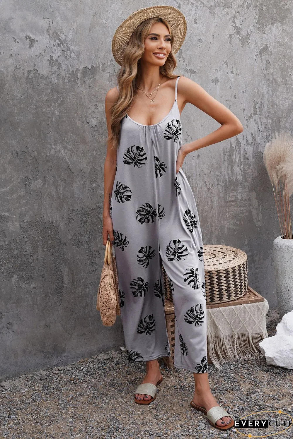 Print Spaghetti Strap Wide Leg Jumpsuit