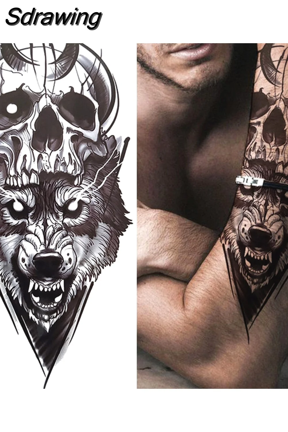 Sdrawing Forest Tattoo Sticker For Men Women Children Tiger Wolf Death Skull Temporary Tattoo Fake Henna Skeleton King Animal Tatoo 430-0
