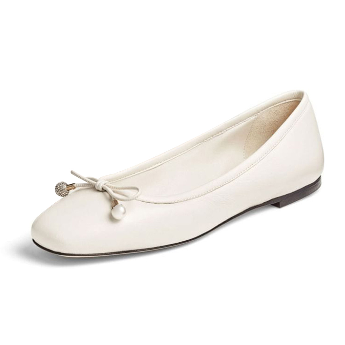 White Slip-On Rhinestone Pearl Bowknot Square Toe Flat Shoes Women Nicepairs