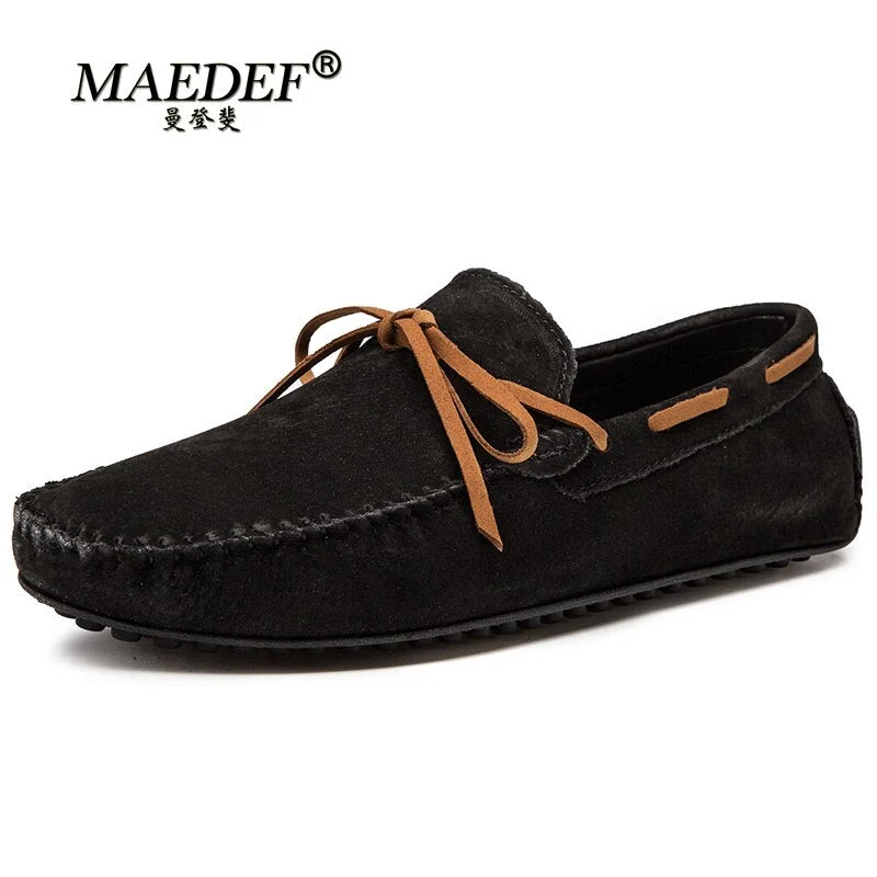 MAEDEF Men Loafers High Quality Genuine Leather Flat Shoes for Men Driving Casual Shoes Black Suede Leather Mocasines Hombre