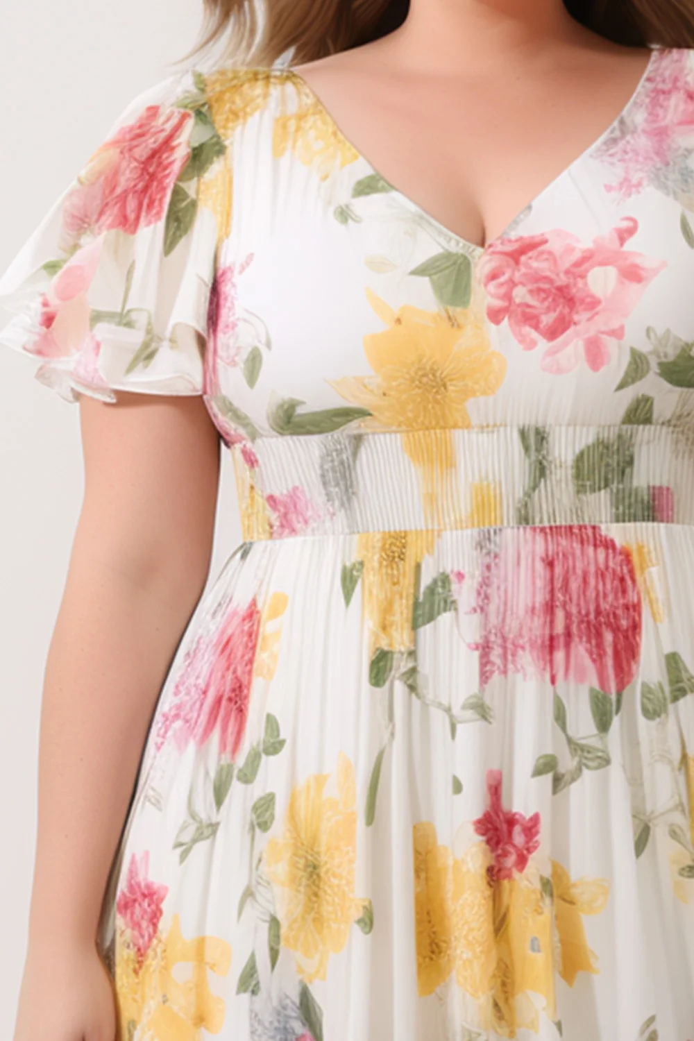 Flycurvy Plus Size Vacation Yellow Chiffon Floral Print Empire Waist Flutter Sleeve Midi Dress