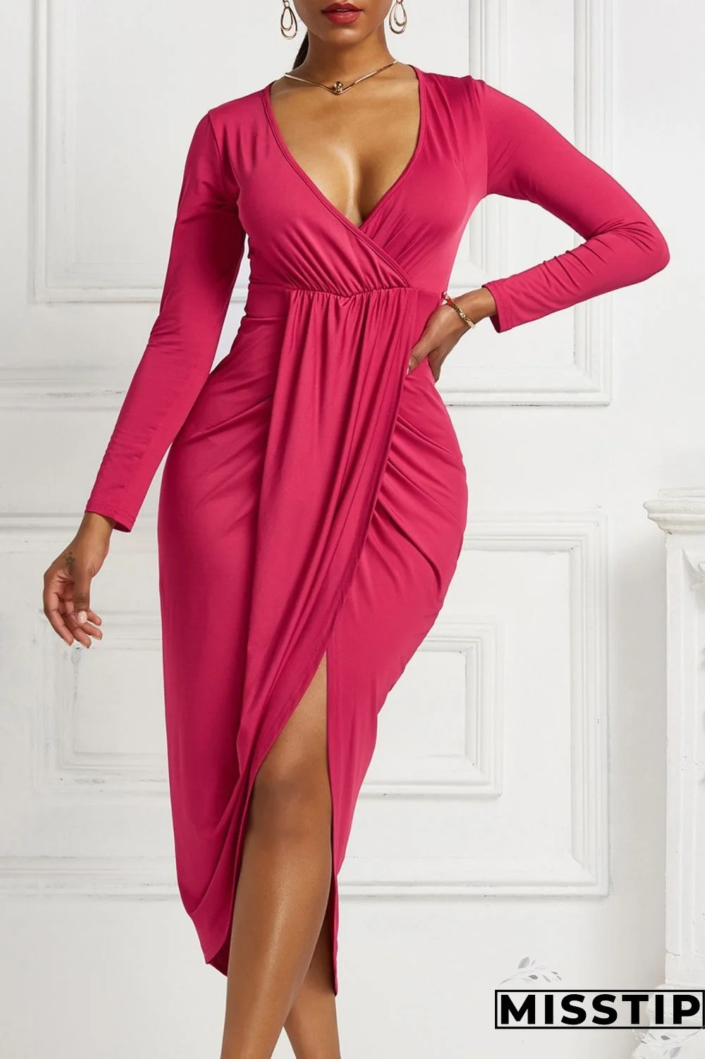 Ink Green Casual Solid Patchwork V Neck Long Sleeve Dresses