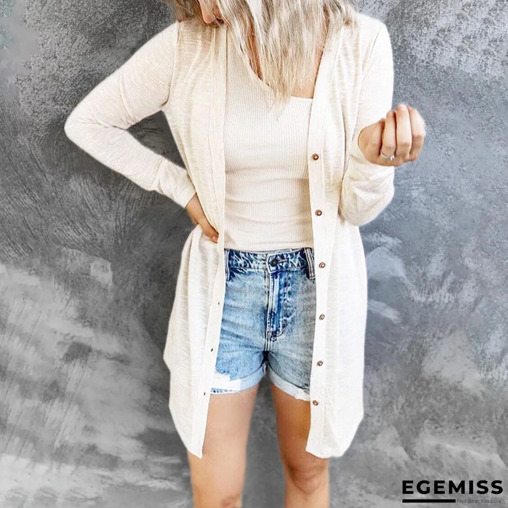 Long Button Solid Color Casual Long Sleeved Cardigan for Women | EGEMISS