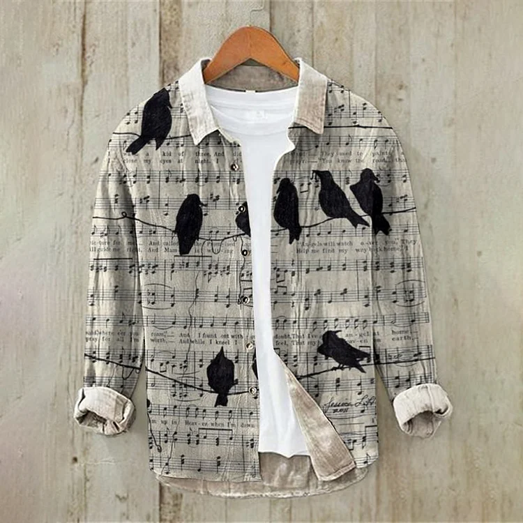 Comstylish Sparrow Birds Music Score Art Linen Blend Shirt